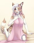 5_fingers anthro bed blush female fingers fur furniture hair markings multicolored_hair on_bed one_eye_closed pink_eyes pink_nose simple_background solo spots spotted_body spotted_fur tail towel towel_only wink tartii reign_(scfiii) canid canine canis domestic_dog mammal 2017 colored digital_media_(artwork) hi_res shaded watermark