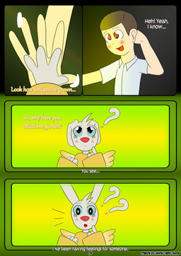 anthro cartoon_freckles clothing dialogue duo eyelashes female freckled_face freckles hand_on_hand long_eyelashes male male/female robe robe_only text otakon_(artist) angel_hare the_east_patch angel_gabby jonah_whitman angel human lagomorph leporid mammal rabbit comic english_text hi_res