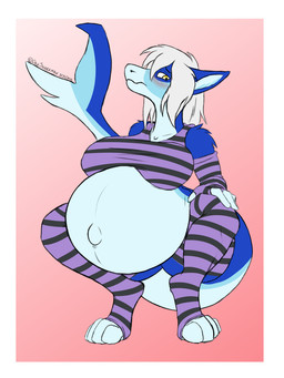 4_toes anthro arm_warmers armwear belly blue_body blue_fur blush border breasts clothed clothing crouching embarrassed exercise feet female fluffy frown fur gradient_background grey_hair hair hand_on_leg legwear navel nipple_outline outie_navel pattern_clothing pregnant pregnant_anthro pregnant_female shark_tail simple_background solo striped_clothing stripes thick_thighs thigh_highs toes topwear white_border yellow_eyes dansharkman gabby_thompson aquatic fish shark 2022 3:4 hi_res signature