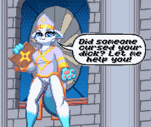 anthro book bottomless church clothed clothing dialogue female fur genitals inside looking_at_viewer priest priest_robes religion religious_symbol smile smiling_at_viewer solo speech_bubble standing tail text vulva white_body white_fur zeka10000 fish!_(game) pristina_(character) felid feline mammal digital_media_(artwork) english_text pixel_(artwork)