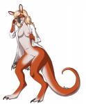 anthro biped blonde_hair blue_eyes bottomless breasts clothed clothing digitigrade eyewear female glasses hair long_tail looking_at_viewer navel nipples open_clothing open_shirt open_topwear pouch_(anatomy) shirt smile solo standing tail topwear wide_hips reina. kangaroo macropod mammal marsupial red_kangaroo hi_res