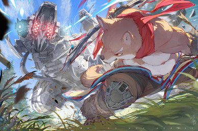 action_pose amber_eyes anthro bottomwear bow_(weapon) brown_bottomwear brown_clothing brown_pants claws clothed clothing cloud countershade_face countershade_fur countershade_torso countershading day duo evergreen_tree eyebrows fur grass holding_arrow holding_bow_(weapon) holding_object holding_ranged_weapon holding_weapon knee_guards looking_at_another machine male nipples orange_body orange_fur outside pants plant pose ranged_weapon red_scarf scarf shooting sky tail text toe_claws topless tree weapon white_body white_countershading white_eyebrows white_sclera wristband chiayeeee horizon_(series) sony_corporation sony_interactive_entertainment canid canine canis domestic_dog herding_dog mammal pastoral_dog robot robot_feral thunderjaw welsh_corgi 2025 digital_drawing_(artwork) digital_media_(artwork) english_text hi_res signature