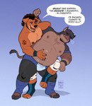abdominal_stretch anthro armband belly belly_rub bite biting_lip biting_own_lip body_hair breath chest_hair claws clothing dialogue duo flirting floppy_ears footprint footwear hooves knee_pads legwear male male/male mastectomy_scar multicolored_body musclegut muscular nipples pawprint pawprint_tattoo pecs plantigrade pointy_ears restrained scar self_bite smile smiling_at_another speech_bubble struggling tail tattoo text tights toeless_footwear tusks two_tone_body wiggle wrestler wrestling wrestling_outfit wristband angelofalls conditional_dnp angelo_(angelofalls) poncho_(boar_on_board) canid canine canis domestic_dog mammal pitador suid suine sus_(pig) wild_boar 2025 artist_name digital_drawing_(artwork) digital_media_(artwork) hi_res spanish_text male_(lore) trans_(lore) trans_man_(lore)