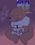 abdominal_bulge anthro balls black_nose blush brown_body detailed_background duo erection eyes_closed genitals grey_body inside male male/male night penis penis_size_difference sex sleeping commander_star cartoon_network we_bare_bears grizzly_(we_bare_bears) nom_nom_(we_bare_bears) bear brown_bear grizzly_bear koala mammal marsupial ursine vombatiform 2023 hi_res