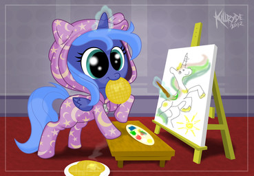 big_eyes blue_body blue_feathers blue_hair brush butter canvas clothing comically_large_object creating_art crown cutie_mark dairy_products daww drawing_(object) drawing_in_a_drawing easel feathered_wings feathers female feral food green_eyes green_hair hair headgear hood horn magic moon multicolored_hair paint paintbrush painting_(object) pajamas palette purple_hair quadruped simple_background smile solo sun tail waffle wings young young_feral killryde friendship_is_magic hasbro my_little_pony mythology princess_celestia_(mlp) princess_luna_(mlp) equid equine mammal mythological_creature mythological_equine winged_unicorn 2012 hi_res