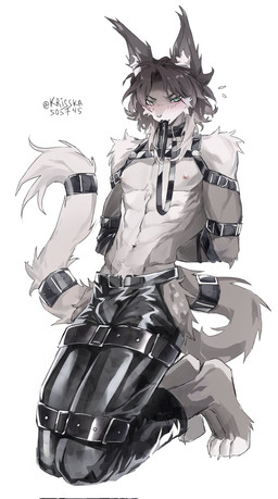 anthro bdsm belt blush bondage bound bulge chaps clothed clothing femboy harness kneeling leash leather male solo topless krisska felid feline lynx mammal hi_res