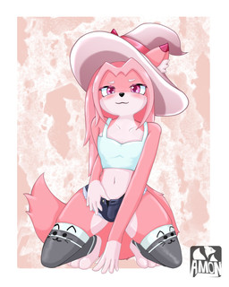 anthro bent_legs bottomwear bulge clothing crop_top daisy_dukes denim denim_bottomwear denim_clothing denim_shorts femboy footwear hair hat headgear headwear hotpants jeans male pants pink_body pink_eyes pink_hair shirt shorts simple_background socks solo topwear unbuttoned_shorts witch_hat amoni_(artist) maiko_(klonoa0w0) canid canine fox mammal 4:5 hi_res