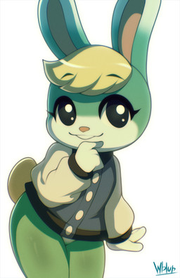 anthro blonde_hair bottomless clothed clothing featureless_crotch fingers hair jacket long_ears male simple_background smile solo topwear white_background wildblur animal_crossing nintendo sasha_(animal_crossing) lagomorph leporid mammal rabbit 2021 hi_res signature