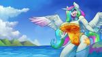 anthro anthrofied beach big_breasts blue_sky breasts clothed clothing cloud cutie_mark day eyewear feathered_wings feathers female fluffy fluffy_hair fluffy_tail frilly goggles hair hair_over_eye horn light long_hair long_tail markings mature_anthro mature_female multicolored_hair multicolored_tail one-piece_swimsuit one_eye_obstructed open_mouth outside partially_submerged purple_eyes seaside shadow sky solo spread_wings standing sun_(marking) sunlight swimwear tail text tongue water white_body white_feathers wings zwitterkitsune friendship_is_magic hasbro my_little_pony mythology patreon princess_celestia_(mlp) equid equine mammal mythological_creature mythological_equine winged_unicorn 16:9 2015 digital_media_(artwork) hi_res url widescreen