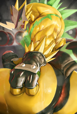 anus big_penis bodily_fluids butt crouching exercise foreskin genitals gym huge_penis humanoid_genitalia humanoid_penis hyper hyper_genitalia hyper_penis male muscular muscular_male partially_retracted_foreskin penis presenting presenting_anus solo sweat workout zex bandai_namco digimon bulkmon digimon_(species)