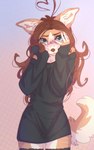 5_fingers anthro blush brown_body brown_fur brown_hair brown_tail clothed clothed_anthro clothed_female clothing countershade_torso countershading female fingers front_view fur green_eyes hair inner_ear_fluff legwear long_hair looking_at_viewer partially_clothed partially_clothed_anthro partially_clothed_female simple_background solo standing tail thigh_highs topwear tuft yshanii cotton_(yshanii) canid canine canis dingo mammal 2024 digital_media_(artwork) hi_res