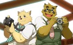 2016 anthro brown_body brown_fur buchi camera canid canine canis clothing danuelragon34 dipstick_ears domestic_dog duo ear_markings facial_markings fangs fur green_clothing green_overalls head_markings holding_camera holding_object kounosuke_(morenatsu) male mammal markings mask_(marking) mekko_rarekko monotone_body monotone_fur morenatsu multicolored_ears necktie open_mouth open_smile overalls overweight overweight_anthro overweight_male raccoon_dog shirt smile snaggle_tooth tan_body tan_fur tanuki teeth topwear white_clothing white_shirt white_topwear