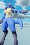 anthro areola blue_body blue_fur breasts female fur genitals grin muscular muscular_female nails nipples nude pussy red_eyes sky smile solo tan_areola tan_nipples teeth yellow_body chocoscorner daemonanimated nintendo pokemon luka_(cho0c0) generation_4_pokemon lucario pokemon_(species) 2:3 3d_(artwork) blender_(artwork) digital_media_(artwork) hi_res