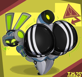 anthro big_butt black_body blue_clothing blue_hat blue_headwear blue_tail blush butt clothing electronics female green_blush green_eyes green_inner_ear green_mouth hat headgear headphones headset headwear heart_symbol huge_butt leotard looking_at_viewer looking_back looking_back_at_viewer machine motion_lines multicolored_tail no_pupils open_mouth open_smile presenting presenting_hindquarters rear_view scut_tail short_tail simple_background smile smiling_at_viewer solo tail text thick_thighs warning_sign white_clothing white_ears white_leotard white_tail yellow_background thfooxxir project_turboblast tempo_(project_turboblast) animal_humanoid humanoid lagomorph leporid mammal rabbit robot robot_anthro 2025 artist_name colored dated digital_media_(artwork) hi_res shaded
