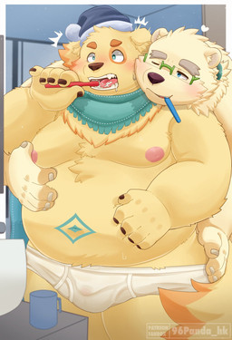 anthro bathroom belly blush briefs brush brushing brushing_teeth bulge clothing duo eyebrows fur groping_from_behind male male/male navel nipples overweight thick_eyebrows toothbrush underwear white_body white_fur yellow_body yellow_fur 96panda lifewonders tokyo_afterschool_summoners cu_sith_(tas) leib_(tas) bear bird_dog canid canine canis domestic_dog golden_retriever hunting_dog mammal polar_bear retriever ursine hi_res