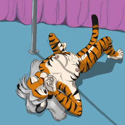 anthro biped breasts brown_eyes female grey_hair hair lying masturbation nipples nude on_back one_eye_closed pole solo spread_legs spreading stripes tail vaginal vaginal_masturbation zat_virgil zavir k'sharra felid mammal pantherine tiger 1:1 2013
