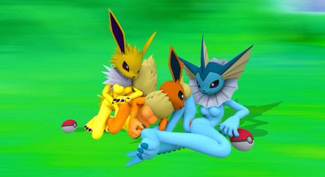 anthro claws clitoris female genitals group looking_at_viewer looking_back pawpads paws pokeball pokemorph spread_arms spread_legs spreading trio vulva sambro80 nintendo pokemon eevee eeveelution generation_1_pokemon jolteon pokemon_(species) vaporeon 3d_(artwork) digital_media_(artwork) hi_res