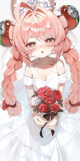 ahoge anthro bouquet braided_pigtails claws clothed clothed_anthro clothed_female clothing crown dress ear_piercing ear_ring female flower fully_clothed fully_clothed_anthro fully_clothed_female fur hair hair_intakes headgear holding_bouquet holding_flower holding_object inner_ear_fluff piercing pink_body pink_fur pink_hair plant red_eyes ring_piercing simple_background tiara tuft wedding_dress white_background white_clothing white_dress norankkori mihoyo zenless_zone_zero zhao_(zenless_zone_zero) lagomorph leporid mammal rabbit thiren 2026 absurd_res hi_res