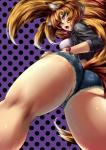 blazer blue_eyes bottomwear brown_hair butt butt_focus candy clothing contemporary denim denim_clothing dessert female food fox_tail hair knee_pit lollipop looking_down low-angle_view multi_tail presenting presenting_hindquarters rear_view shorts small_butt solo tail thick_thighs worm's-eye_view nekoarashi touhou ran_yakumo animal_humanoid canid canid_humanoid canine canine_humanoid fox fox_humanoid humanoid mammal mammal_humanoid