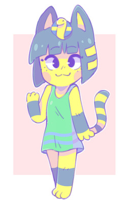 3_fingers 3_toes :3 anthro bangs barefoot black_eyes blonde_highlights blue_ears blue_hair blue_markings blue_stripes border clothed clothed_anthro clothed_female clothing dress egyptian egyptian_clothing egyptian_headdress eyebrows eyelashes feet female fingers front_view fur green_clothing green_dress hair highlights_(coloring) markings noseless pink_body pink_cheeks raised_hand short_hair smile solo standing striped_markings striped_tail stripes tail tail_markings toes uraeus white_border yellow_body yellow_face yellow_fur yellow_inner_ear yellow_stripes graskip animal_crossing nintendo ankha_(animal_crossing) domestic_cat felid feline felis hybrid mammal 2018 absurd_res colored digital_media_(artwork) full-length_portrait hi_res portrait