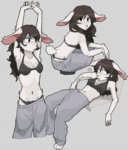 anthro biped black_bra black_clothing black_eyes black_hair black_panties black_underwear bottomwear bra clothing crouching female fur hair looking_at_viewer navel oversized_bottomwear oversized_clothing oversized_pants panties pants sagging_pants short_tail slim slim_anthro slim_female solo stretching sweatpants tail underwear white_body white_fur hhonchkrow234 lagomorph leporid mammal rabbit absurd_res hi_res
