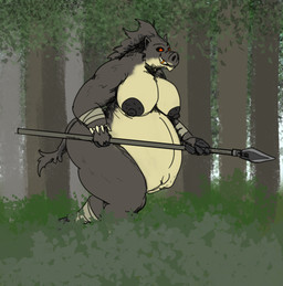 anthro belly big_belly breasts female fetal_movement forest forest_background huge_belly hyper hyper_belly hyper_pregnancy kick melee_weapon nipples nude plant polearm pregnant pregnant_anthro pregnant_female running solo spear stone_age tree tusks warrior weapon vwpologt mayternity_2026 domestic_pig mammal suid suine sus_(pig) wild_boar