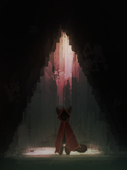 ambiguous_gender anthro blade brown_body brown_fur cloak clothing fur holding_object pointy_ears prick_ears red_eyes solo standing weapon hooki canid canine canis mammal wolf 3:4 character_request