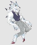 anthro bottomwear claws clothing cosplay crossover_cosplay dress_shirt fangs finger_claws fluffy fur male necktie pants pointy_ears prick_ears school_uniform shirt solo teeth toe_claws topwear uniform vest drawfee karina_farek bandai_namco beastars digimon digimon_(species) weregarurumon crossover