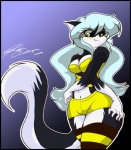 anthro black_body black_fur blue_hair blush bottomwear breasts cleavage clothed clothing female fur hair long_hair looking_at_viewer pose shirt shorts solo topwear wide_hips blackwind_zero mastergodai silphia canid canine fox mammal