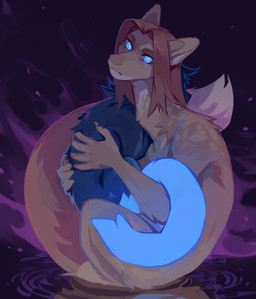 abstract_background ambiguous_gender black_body black_fur blue_body blue_eyes blue_fur brown_body brown_fur brown_hair duo female feral fur hair hug obscured_eyes pupils semi-anthro sitting tan_body tan_fur unsigned white_pupils corzh77 mythology dragon furred_dragon furred_scalie mythological_creature mythological_scalie scalie wingless_dragon absurd_res hi_res
