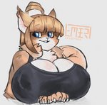 anthro big_breasts blonde_hair blue_eyes breasts cleavage clothed clothing female fur hair huge_breasts looking_aside open_mouth shirt simple_background solo tan_body tan_fur tank_top topwear zer0ember domestic_cat felid feline felis mammal 2019