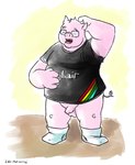 anthro balls clothing eyes_closed eyewear flaccid foreskin genitals glasses humanoid_genitalia humanoid_penis male overweight overweight_anthro overweight_male penis shirt solo text topwear caesarcub domestic_pig mammal suid suina sus_(pig) 2014 english_text