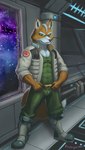 anthro barazoku belt big_muscles boots bottomwear clothed clothing detailed_background eyebrows footwear fur hair inside jacket looking_at_viewer male muscular muscular_anthro muscular_male open_clothing open_jacket open_topwear pants shirt shoes smile solo space spacecraft standing star topwear tuft vehicle window rrougarou1 nintendo star_fox fox_mccloud canid canine fox mammal 2021 hi_res signature