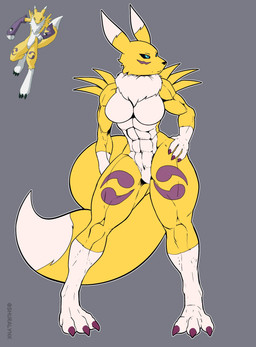 4_fingers arm_tuft big_breasts big_tail black_nose black_sclera breasts chest_tuft claws dipstick_ears dipstick_tail double_tomoe ear_markings facial_markings female fingers fur head_markings leg_markings looking_aside mane markings multicolored_ears muscular muscular_thighs painted_claws purple_claws purple_toe_claws resting_bitch_face shoulder_tuft solo solo_focus tail tail_markings text thigh_markings toe_claws tomoe_(symbol) tuft white_body white_ears white_fur white_legs white_mane white_tail yellow_body yellow_fur yellow_tail yin_yang shuralynx bandai_namco digimon canid canine digimon_(species) fox mammal renamon absurd_res artist_name hi_res