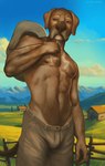 abs anthro brown_body brown_eyes brown_fur brown_nipples clothing cloud day detailed_background ears_down farm front_view fur hat headgear headwear looking_at_viewer male mountain muscular muscular_male nipples nude outside pivoted_ears solo standing levsha canid canine canis domestic_dog mammal animated digital_media_(artwork) digital_painting_(artwork) short_playtime