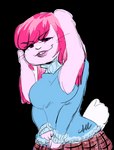 anthro bottomwear buckteeth clothing female floppy_ears fluffy fluffy_tail fur hair lips pink_body pink_fur pink_hair purple_eyes skirt solo sweater tail teeth topwear turtleneck sourmagic petunia_bund lagomorph leporid mammal rabbit alpha_channel low_res