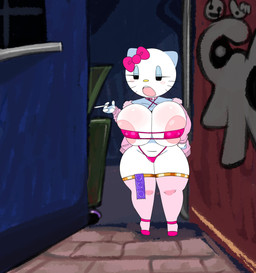alley anthro areola areola_slip big_breasts bikini blush blush_stickers bow_(feature) breasts cigarette clothing condom condom_wrapper female graffiti hoodie legwear narrowed_eyes navel nipple_outline open_mouth prostitution sexual_barrier_device solo swimwear teeth thick_thighs thigh_highs topwear two-piece_swimsuit whiskers white_body savagensfw hello_kitty_(series) sanrio hello_kitty_(character) domestic_cat felid feline felis mammal absurd_res hi_res