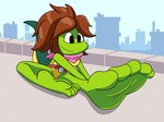 barefoot feet female foot_fetish green_body green_skin humanoid_feet kerchief neckerchief neckwear plantigrade soles stretching toes mepwep teenage_mutant_ninja_turtles teenage_mutant_ninja_turtles_(1987) mona_lisa_(tmnt) amphibian salamander scalie