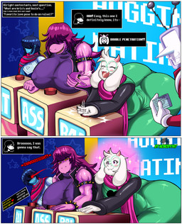 anthro big_breasts big_butt biped blue_body blush breasts butt clothed clothing detailed_background female femboy group hair horn huge_breasts huge_butt male mouth_closed pink_eyes pink_horn pupils purple_body smile text thick_thighs white_body nobody147 deltarune undertale_(series) kris_dreemurr ralsei susie_(deltarune) tenna_(deltarune) boss_monster_(undertale) human mammal scalie absurd_res comic english_text hi_res