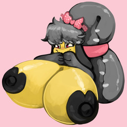 anthro areola big_breasts black_nipples breasts duo female hair hair_mouth huge_breasts nipples non-mammal_nipples nude red_eyes simple_background smile solo teeth yellow_body kiss_the_carrot don't_attack_me_mawile nintendo pokemon dayane_(kiss_the_pata) generation_3_pokemon mawile pokemon_(species) 2026 absurd_res digital_media_(artwork) hi_res shaded