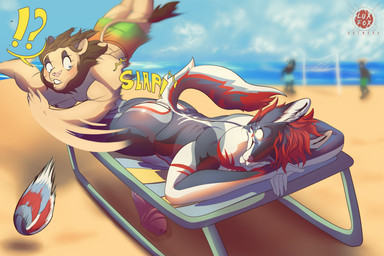 anthro beach butt_slap clothed clothing contact_onomatopoeia duo erection genitals humanoid_genitalia humanoid_penis impact_onomatopoeia interrobang lying male male/male nude on_front onomatopoeia penis seaside slap slap_(sound_effect) sound_effects spanking sport sunbathing text volleyball lux_fox canid canine canis felid lion mammal pantherine wolf 3:2 hi_res