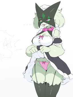 anthro bottomwear clothed clothing clothing_lift female fur green_body green_fur interspecies maid_uniform panties pokephilia raised_bottomwear raised_clothing raised_skirt simple_background skirt skirt_lift solo underwear uniform bloodguard nintendo pokemon generation_9_pokemon humanoid mammal meowscarada pokemon_(species) hi_res