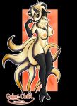 abstract_background anthro anthrofied blonde_hair breasts clothing convenient_censorship female fur gloves hair handwear legwear mane multi_tail nipples pokemorph red_eyes smile solo stockings tail thigh_highs yellow_body yellow_fur gokai-chibi nintendo pokemon canid canine generation_1_pokemon mammal ninetales pokemon_(species) alpha_channel