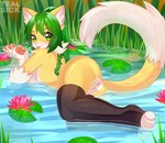 anthro anus areola black_clothing black_legwear black_thigh_highs breasts butt clothing countershading feet female fur genitals grass green_eyes green_hair hair hindpaw inner_ear_fluff legwear legwear_only lily_pad long_hair looking_at_viewer looking_back looking_back_at_viewer nipples nude outside partially_submerged pawpads paws pink_anus pink_areola pink_nipples pink_nose pink_pawpads pink_pussy pink_tongue plant pond pussy skinny_dipping solo thigh_highs tongue tongue_out tuft water whiskers white_inner_ear_fluff yellow_body yellow_fur tealsick sundyz domestic_cat felid feline felis mammal digital_media_(artwork) full-length_portrait hi_res portrait shaded