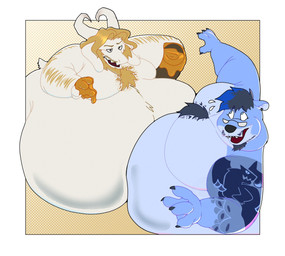2_horns anthro arm_hair beard belly belly_on_belly belly_to_belly big_belly blonde_beard blonde_facial_hair blonde_hair blue_body blue_fur blue_hair body_hair chest_tuft duo eyewear facial_hair food fur glasses goatee hair honey_(food) honey_pot horn huge_belly hyper hyper_belly long_ears male moobs mustache obese obese_anthro obese_male open_mouth overweight overweight_anthro overweight_male tattoo tuft white_body white_fur lizzies4lad undertale_(series) asgore_dreemurr bluebedbear bear bovid caprine goat mammal hi_res