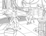 anthro control_room dialogue duo male science_fiction sitting tail text wire thestory alien canid canine canis domestic_dog jackal mammal black_and_white digital_drawing_(artwork) digital_media_(artwork) line_art monochrome