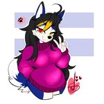 anthro belly big_breasts blue_body blue_fur breasts clothed clothing curled_tail curvy_figure female fur gesture hair hand_gesture heterochromia long_hair looking_at_viewer overweight pantsless pink_clothing pink_sweater pink_topwear slightly_chubby slightly_chubby_female solo sweater tail teeth thick_thighs topwear v_sign wide_hips temporarywizard canid canine canis domestic_dog husky hybrid mammal nordic_sled_dog spitz wolfdog 1:1 hi_res