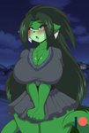 anthro big_breasts black_nose blue_eyes blush breasts cleavage clothed clothing dress female fur green_body green_fur green_hair hair huge_breasts night solo mastergodai knuckle_up! hawke_(mastergodai) domestic_cat felid feline felis mammal hi_res