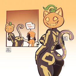 ambiguous_gender anthro big_breasts big_butt bodypaint breasts butt cat_smile dialogue duo eyelashes female food for_a_head fruit gradient_background grey_body looking_at_viewer looking_back looking_back_at_viewer open_mouth open_smile orange_background plant pumpkin rear_view simple_background skeleton_bodypaint smile speech_bubble text thick_thighs translucent_tail white_background wide_hips tomisilla_(artist) epic_games fortnite spice_(fortnite) domestic_cat felid feline felis mammal object_head 1:1 absurd_res english_text hi_res