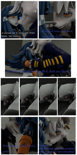 bedroom_eyes black_clothing black_legwear black_stockings blue_clothing blue_eyes blue_hair breasts clothing dialogue duo ear_piercing erection excited_expression eyelashes fangs female flaccid freckles genitals gloves hair hand_holding handwear herm holding_breast intersex intersex/female kiss_on_lips kissing legwear long_ears long_hair looking_at_another looking_at_breasts looking_at_genitalia looking_at_partner looking_at_penis looking_pleasured machine male male/female maleherm metal_penis metallic_body narrowed_eyes officer_uniform one_eye_obstructed orange_clothing orange_gloves orange_handwear penis piercing pink_fingers purple_eyelashes seductive small_pupil stockings surprised_expression teasing teasing_with_breasts teasing_with_hand teeth text uniform white_body white_hair yellow_eyes 5naptrap foresttherotten warfaremachine_(modeler) team_fortress_2 valve mimi_sentry officer_flint_(foresttherotten) warfare_flint android animal_humanoid humanoid living_machine mammal mammal_humanoid murid murine rat robot robot_humanoid rodent rodent_humanoid 3d_(artwork) absurd_res comic comic_sans digital_media_(artwork) english_text hi_res source_filmmaker_(artwork)